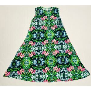 Honey & Lace Tropical Floral Dress Gree and Pink Sleeveless Dress
